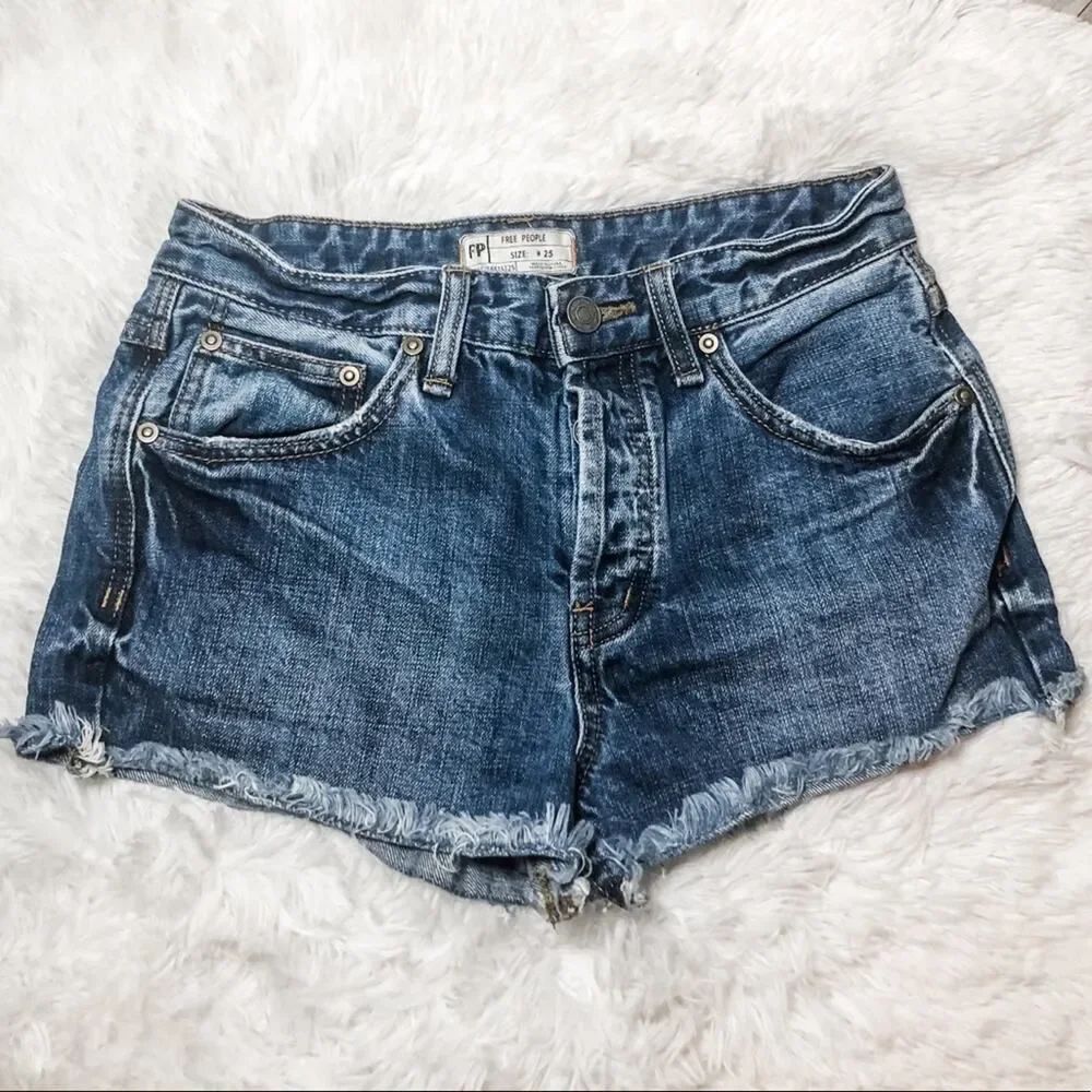 Free People Blue Jean Frayed Hem Cutoff Shorts